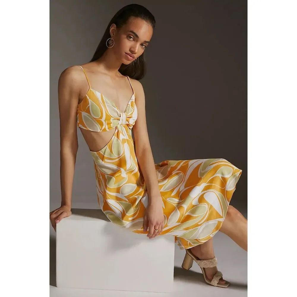 Anthropologie Yellow Motif Cutout Printed-Slip Midi Dress